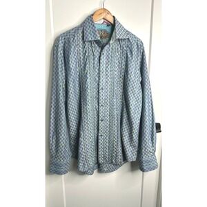 Robert Graham Button Down Shirt Blue Checkered Embriodered‎  Rare Pintucked L